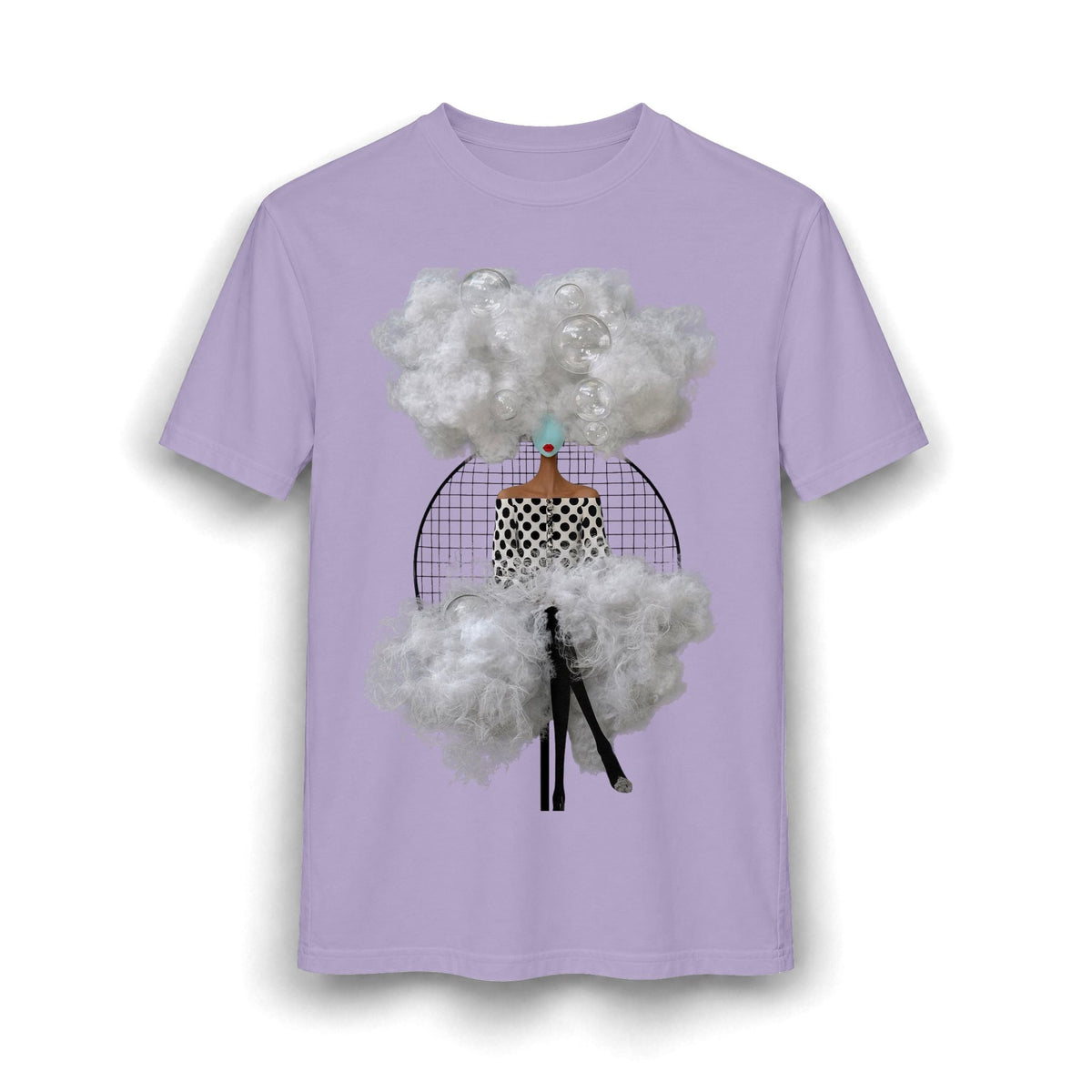 PURETE surreal graphic tee in light purple featuring an abstract woman collage with cloud and bubble art print.