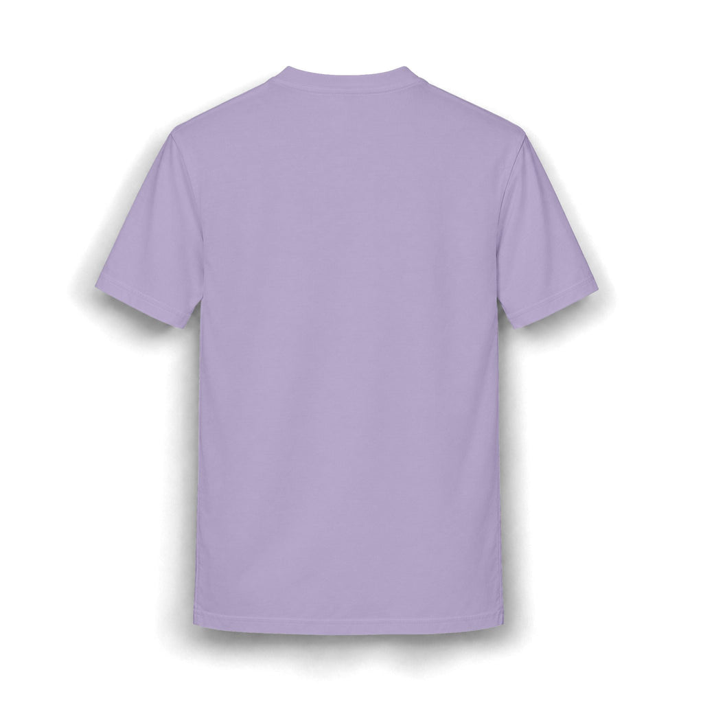 Back view of a plain light purple PURETE relaxed-fit cotton blend t-shirt with a classic crew neck.