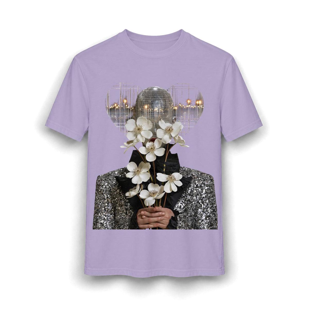 PURETE lavender relaxed-fit cotton blend t-shirt featuring a disco ball head and white floral graphic print.