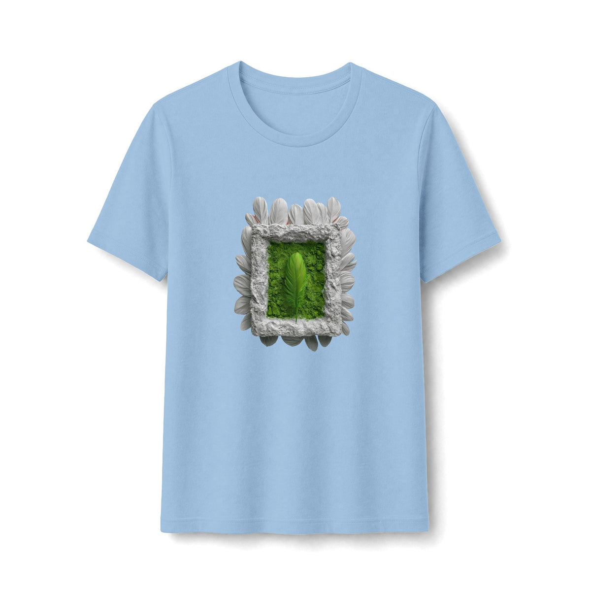 PURETE light blue women's fitted tee featuring a central graphic of a green leaf framed by a textured petal border