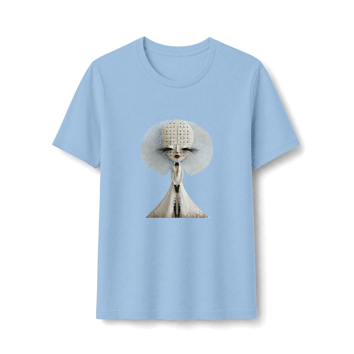 PURETE light blue fitted t-shirt featuring an abstract surreal fashion doll graphic with a textured white halo.