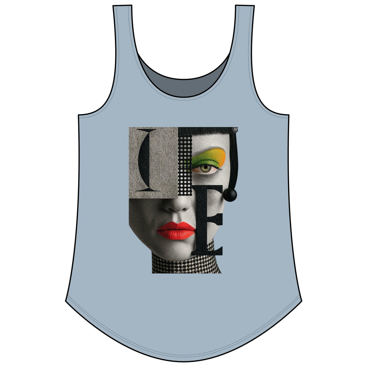 PURETE Women's Festival Tank in light blue with a graphic print of a woman's face featuring bold red lips.