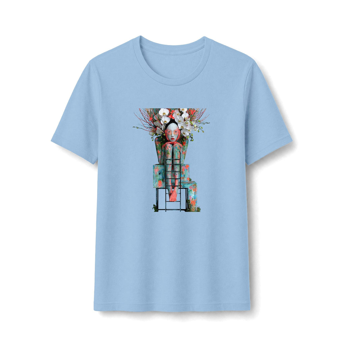 PURETE light blue fitted graphic t-shirt featuring a detailed floral robot illustration on the front.