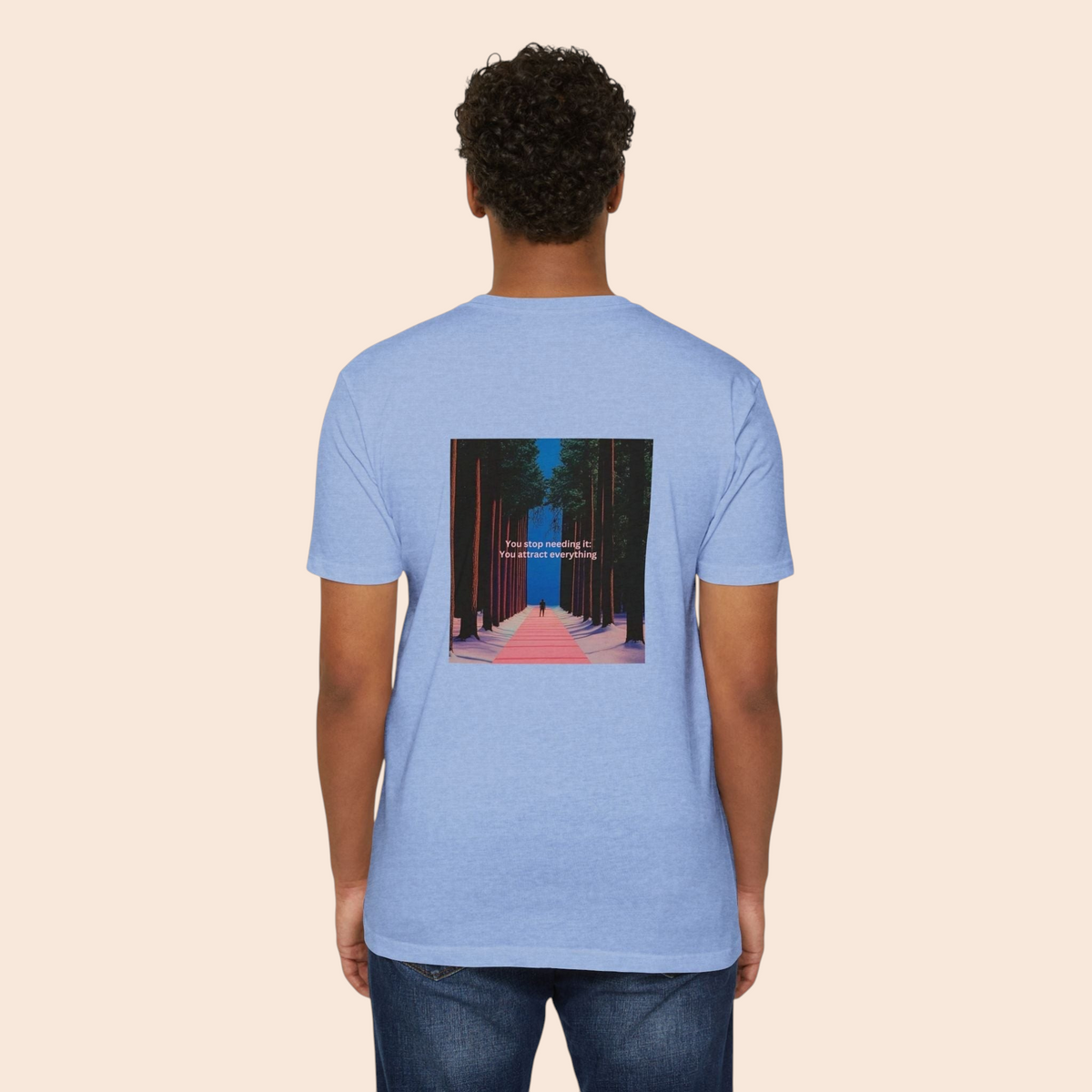 PURETE light blue cotton blend t-shirt featuring a back graphic of a forest pathway and motivational text