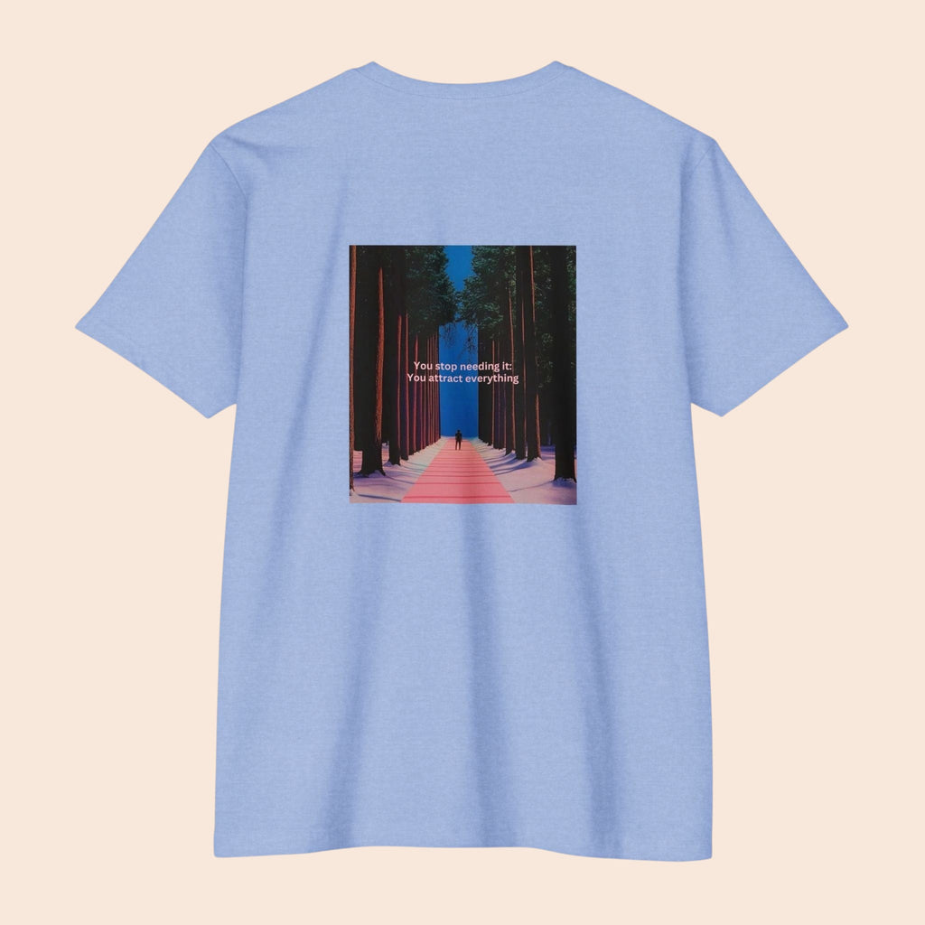PURETE light blue cotton blend t-shirt featuring a back graphic of a forest pathway with motivational text