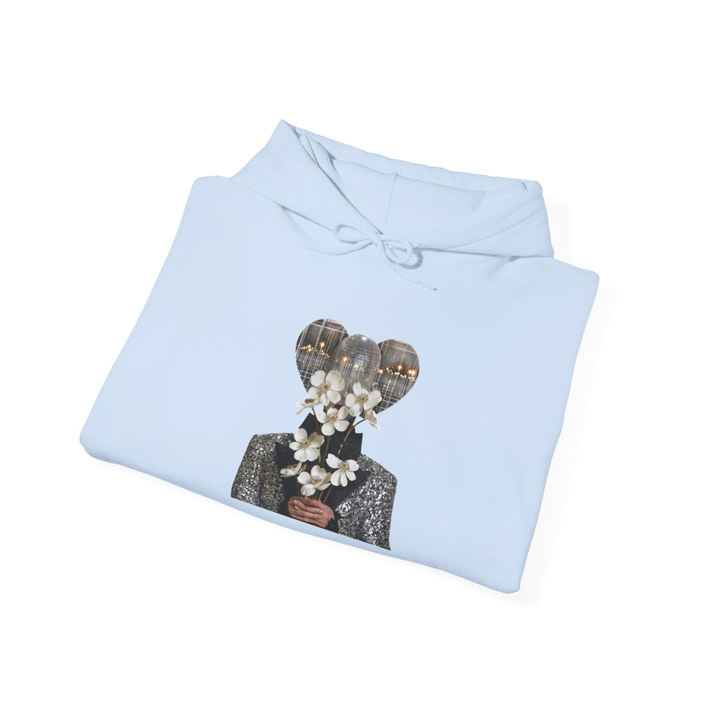 PURETE light blue cotton-blend hoodie featuring a graphic print of a person holding white flowers on the chest.