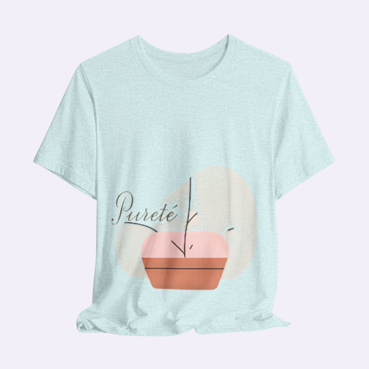 PURETE unisex light blue jersey cotton t-shirt with a minimalist potted plant graphic and cursive brand logo