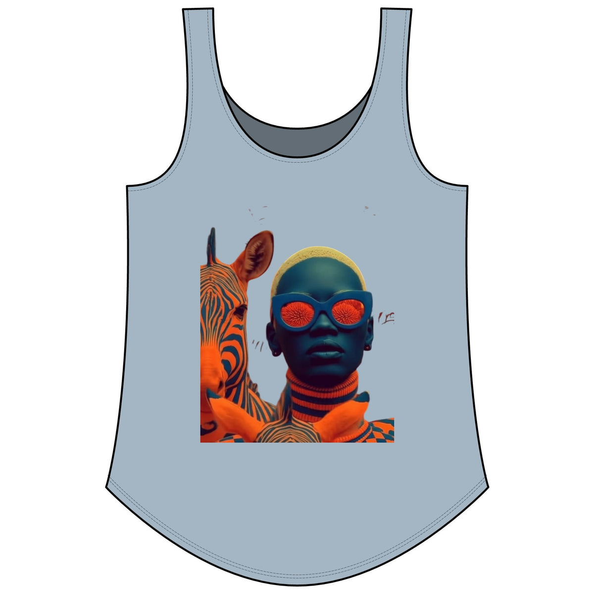 PURETE women's light blue scoop neck tank top featuring a graphic print of a person with a zebra in orange tones.