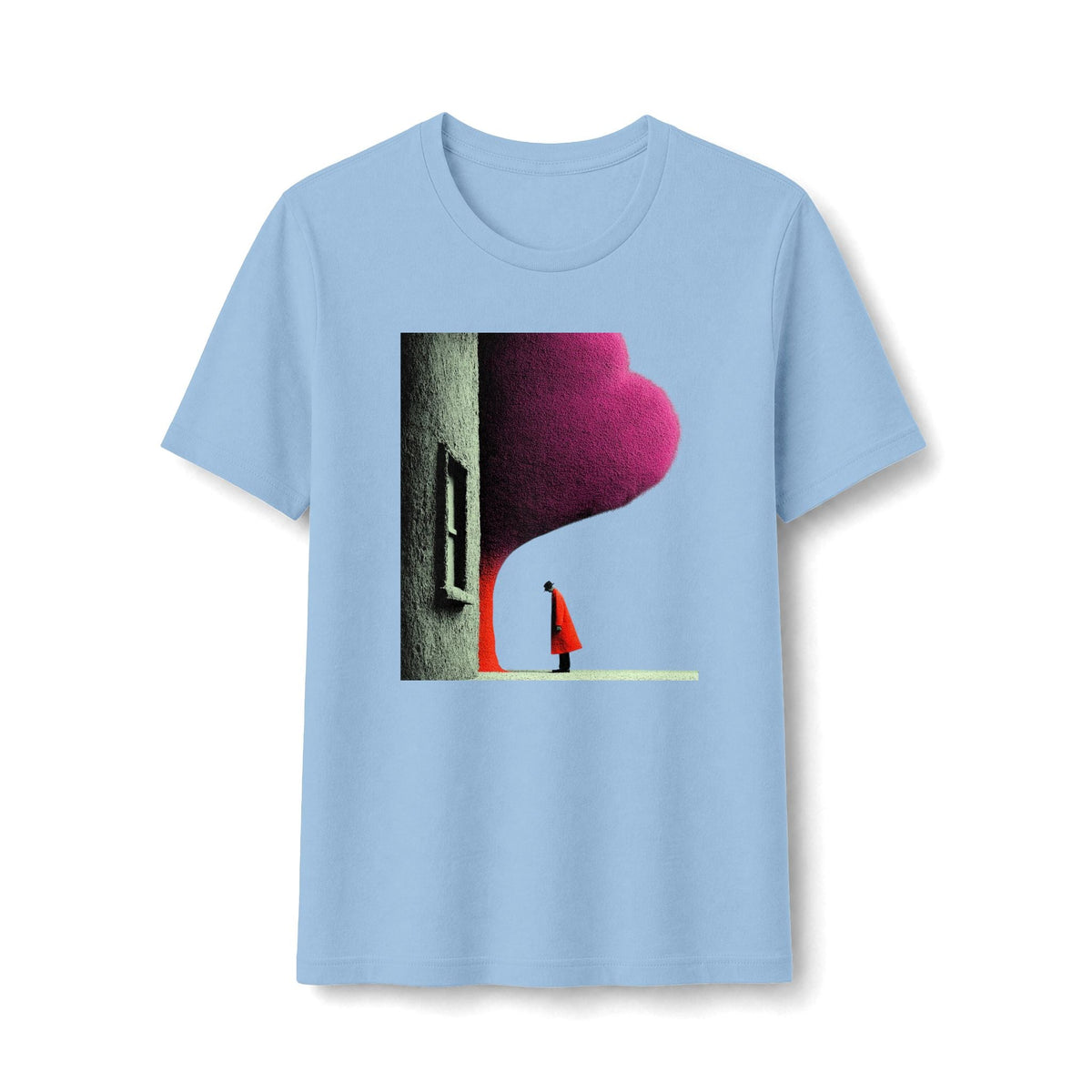 PURETE light blue graphic tee featuring a minimalist illustration of a figure in a red cloak by an arched doorway.
