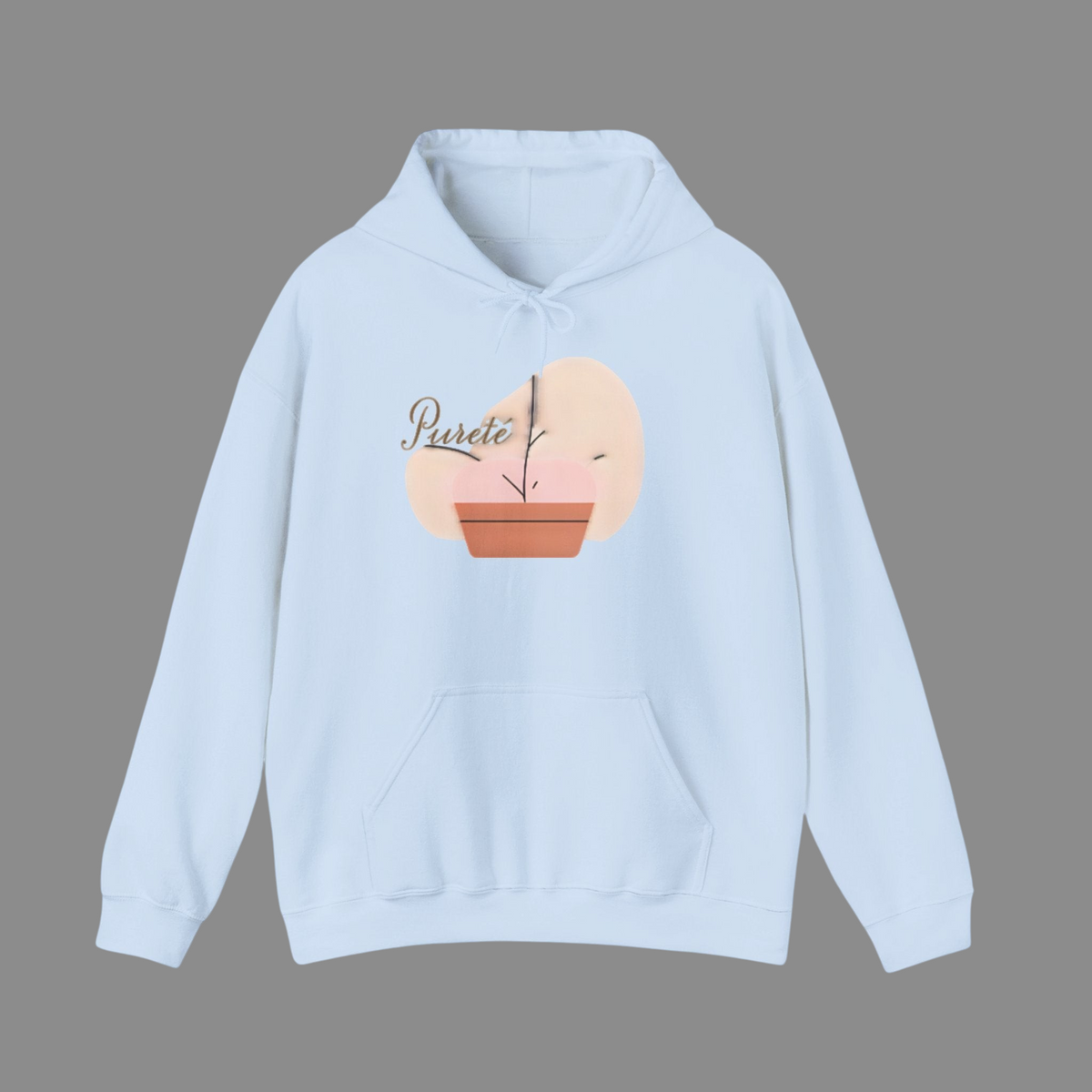 PURETE light blue unisex hooded sweatshirt with a minimalist potted plant graphic and brand logo on the front
