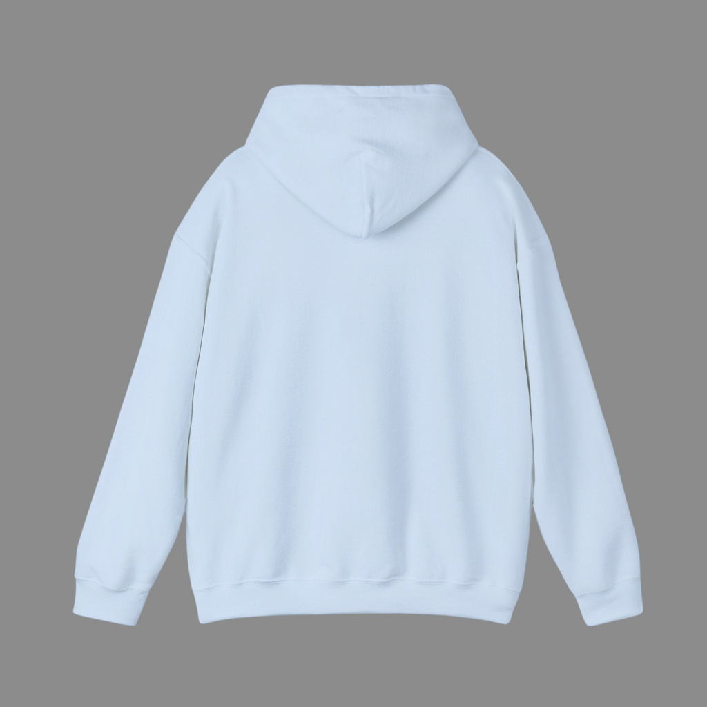 Back view of a light blue PURETE unisex heavy blend hooded sweatshirt with a double-lined hood and ribbed hem.