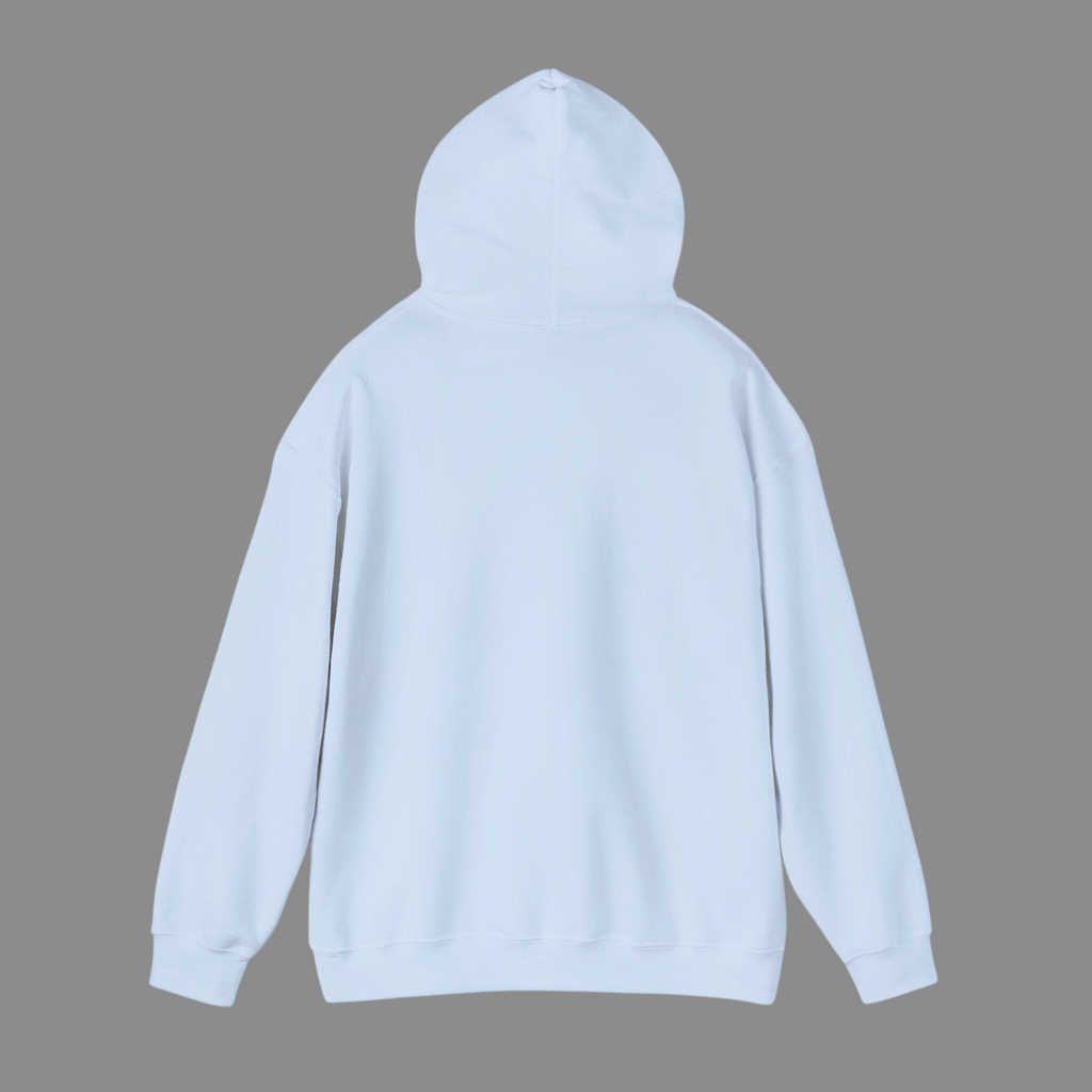Back view of a PURETE unisex light blue hooded sweatshirt made from a soft cotton-poly blend with a double-lined hood.