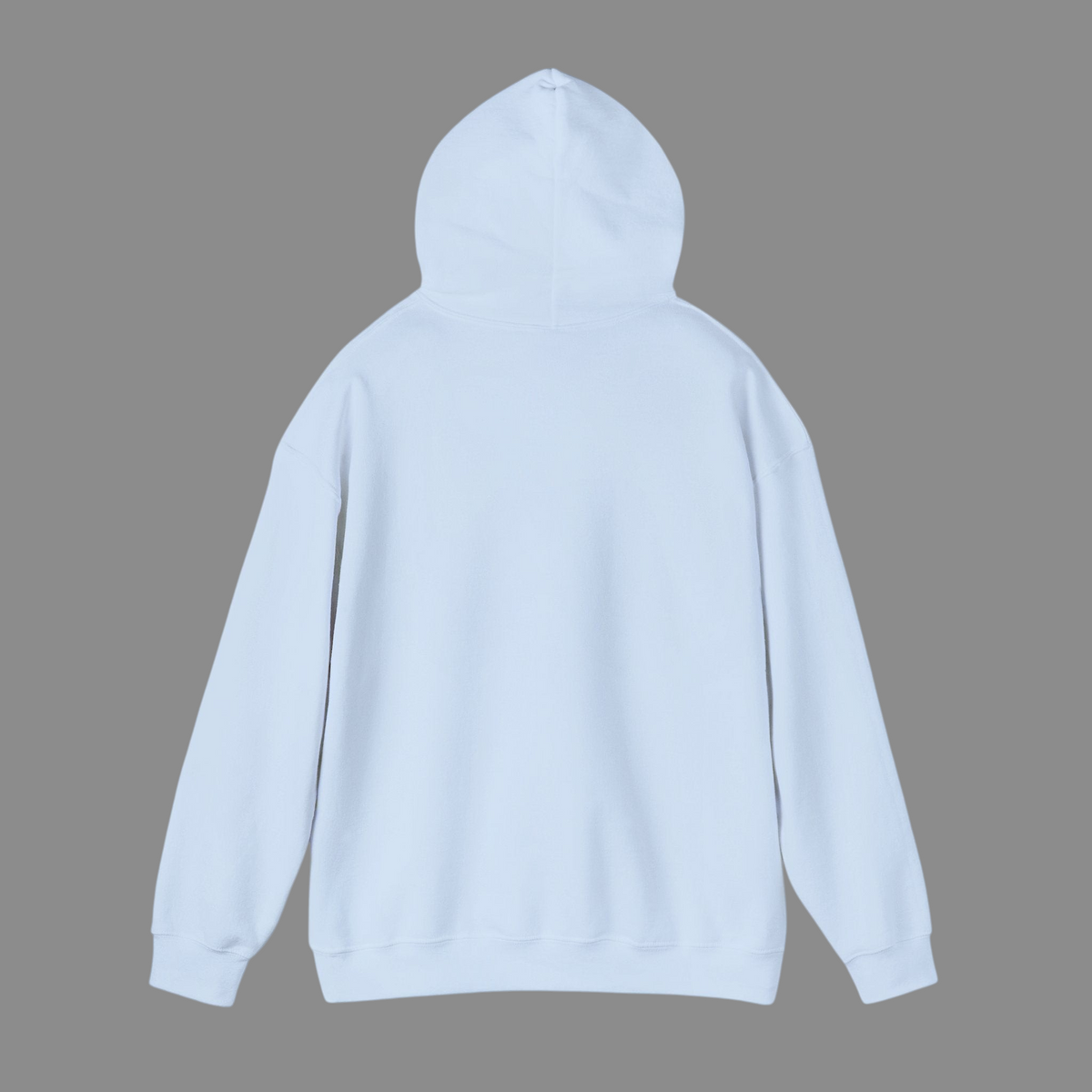 Back view of a PURETE unisex light blue hooded sweatshirt made from a soft cotton-poly blend with a double-lined hood.