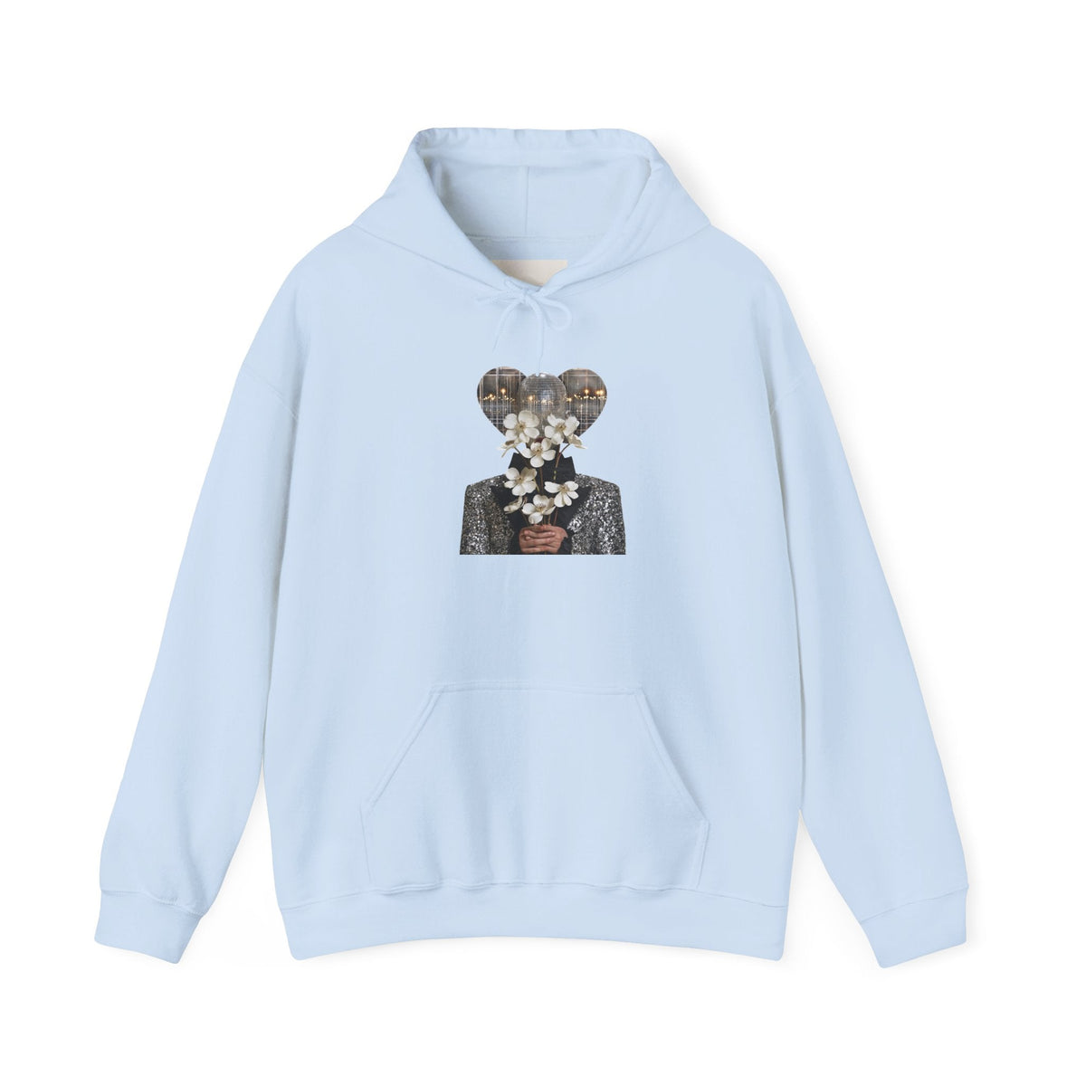 PURETE light blue hoodie featuring a surreal collage graphic of a person holding white flowers on the chest.