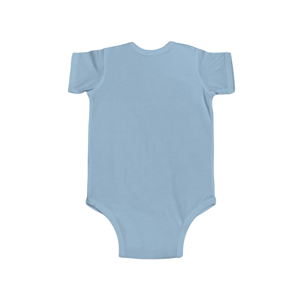 PURETE light blue cotton infant bodysuit with short sleeves and envelope neckline, back view.