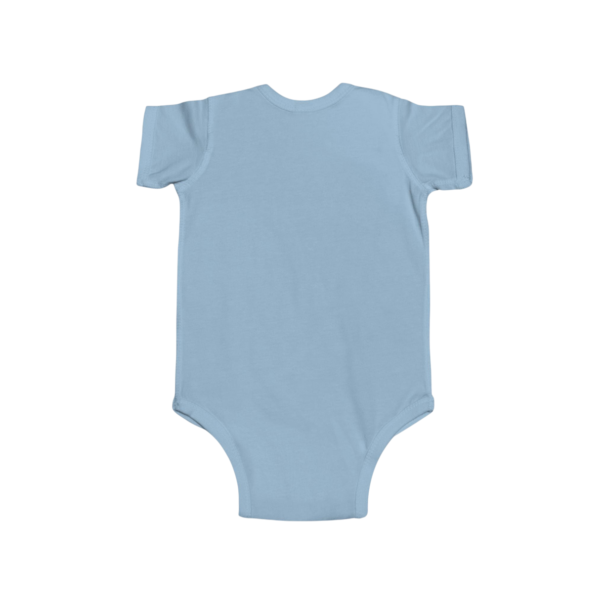PURETE light blue cotton infant bodysuit with short sleeves and envelope neckline, back view.