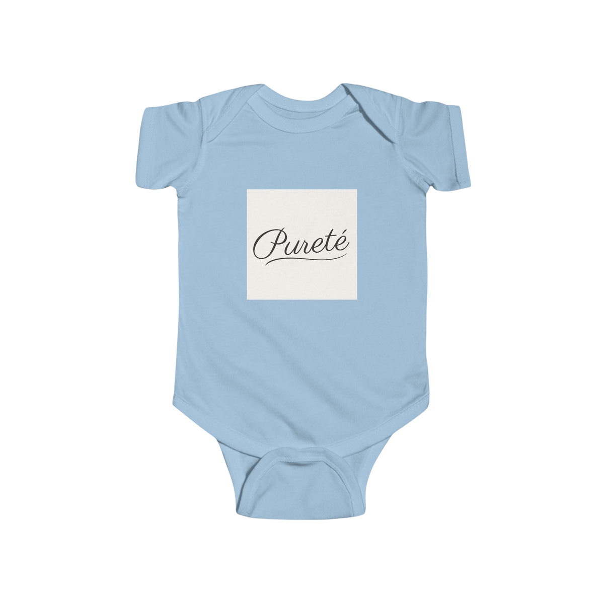 PURETE light blue cotton infant bodysuit with a white chest patch featuring elegant black French script text.
