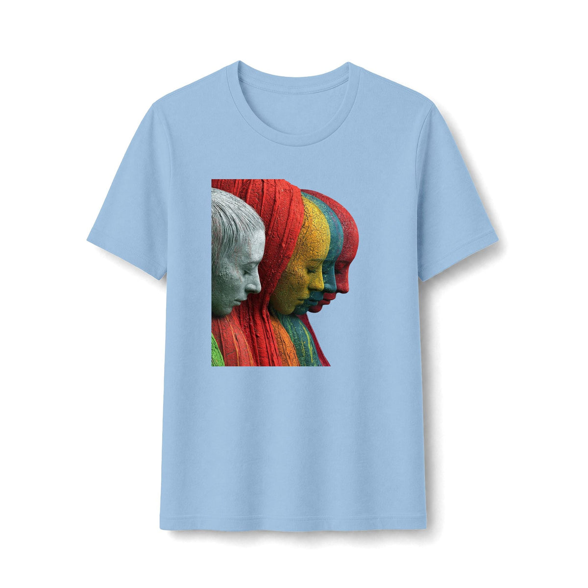 PURETE light blue fitted tee featuring a vibrant graphic of layered, colorful sculptural portrait faces.