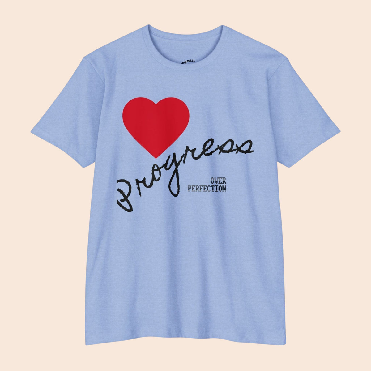 PURETE light blue cotton blend t-shirt featuring a red heart and hand-lettered Progress Over Perfection graphic