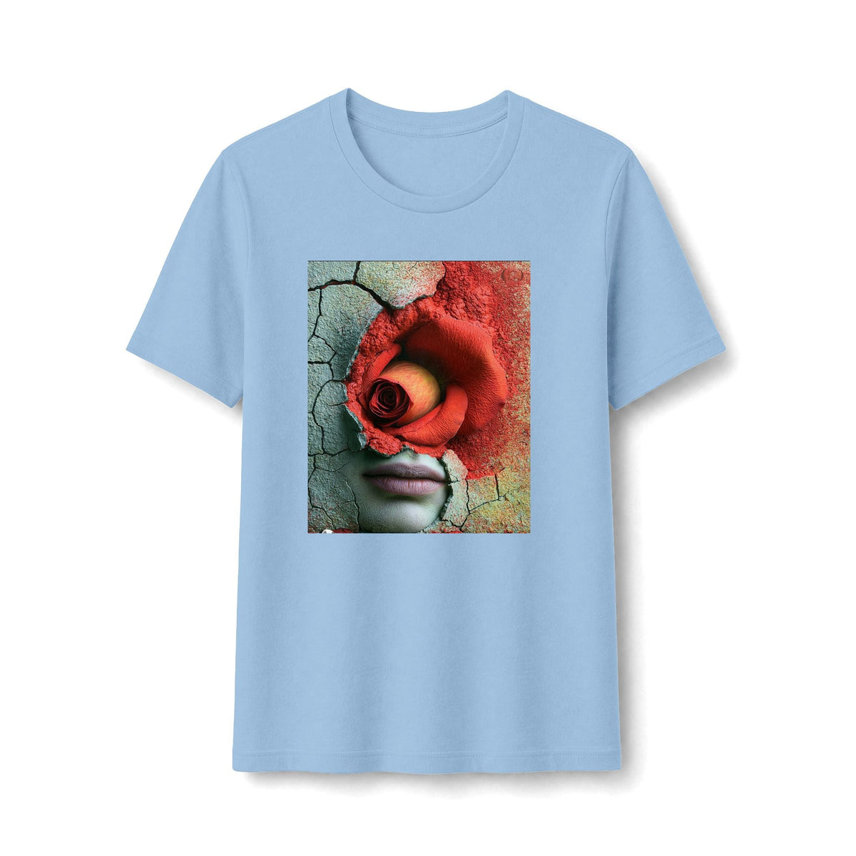 PURETE light blue graphic t-shirt featuring a surreal portrait with a red rose and cracked wall texture print.