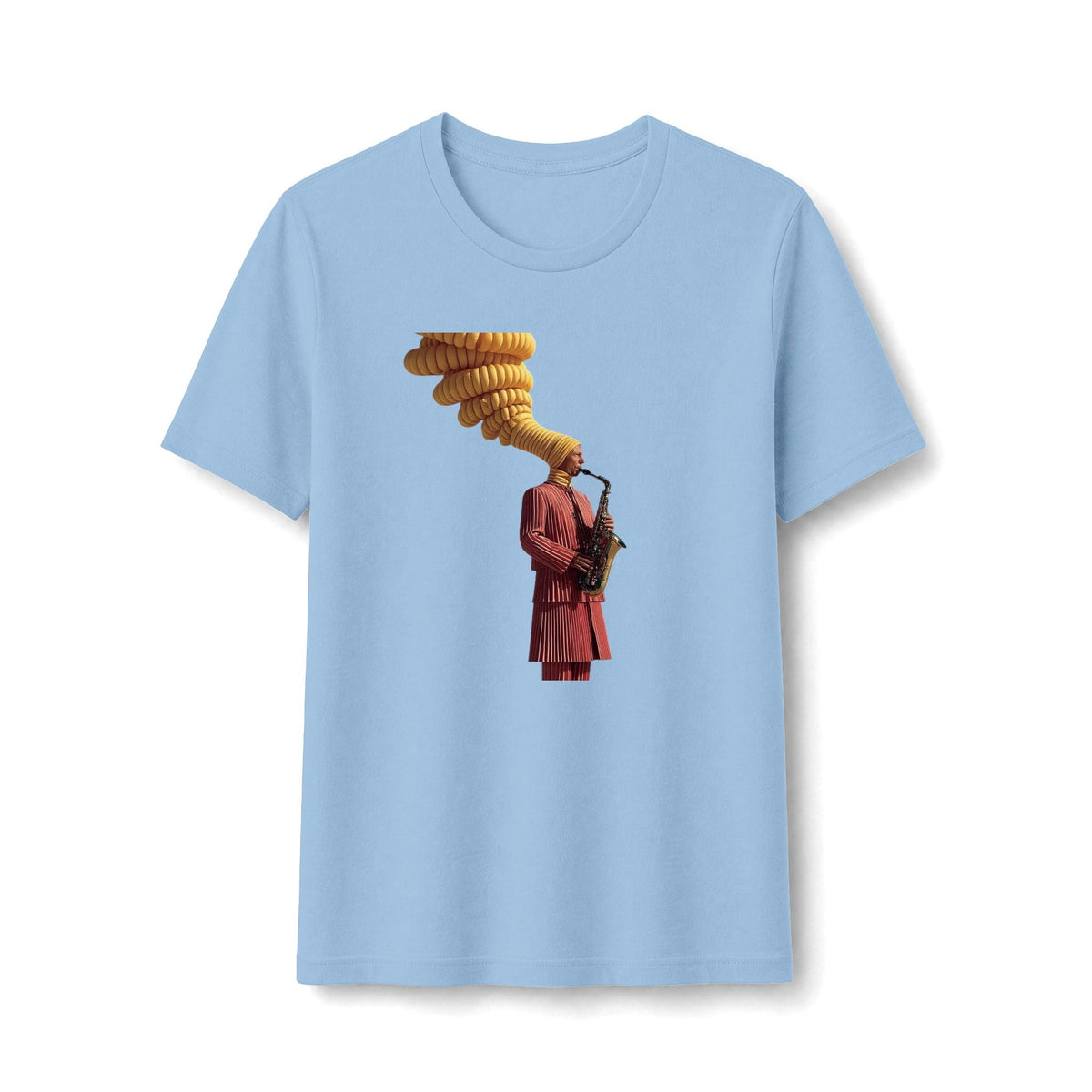 PURETE light blue women's tee featuring a graphic of a saxophonist in a red suit with a surreal golden musical plume.