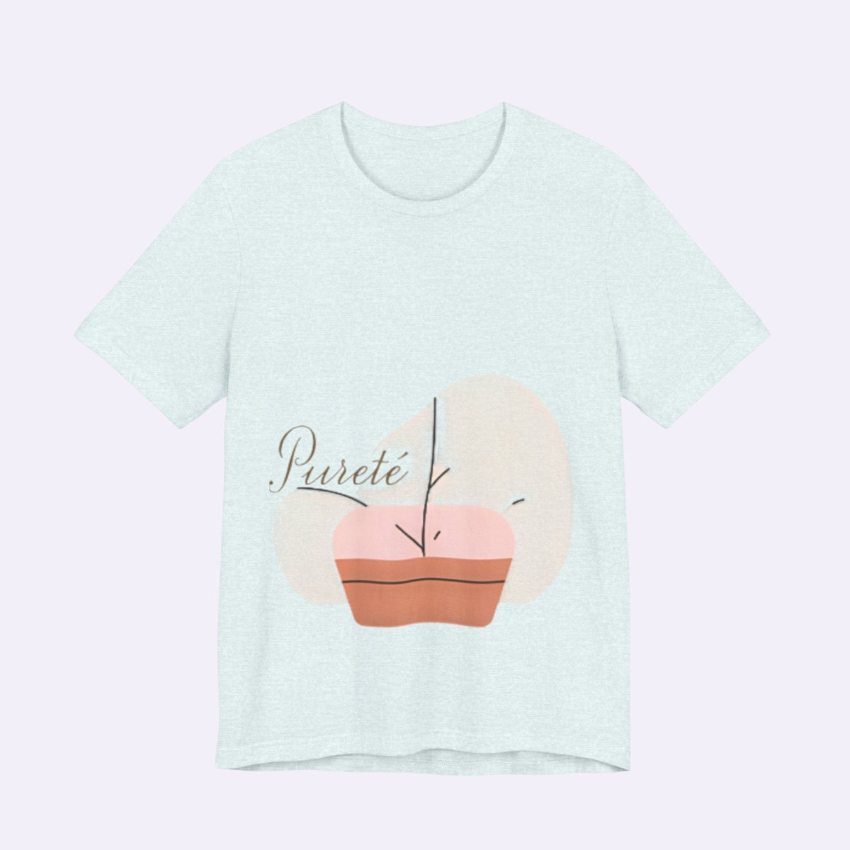 PURETE unisex jersey short sleeve tee in light blue with a minimalist potted plant graphic on the front