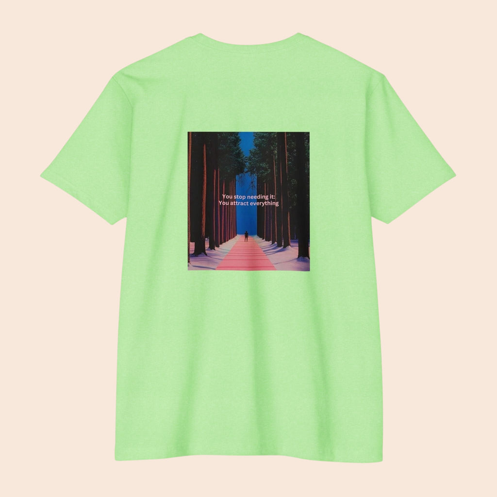 PURETE light green cotton blend t-shirt featuring a back graphic of a forest pathway with motivational text