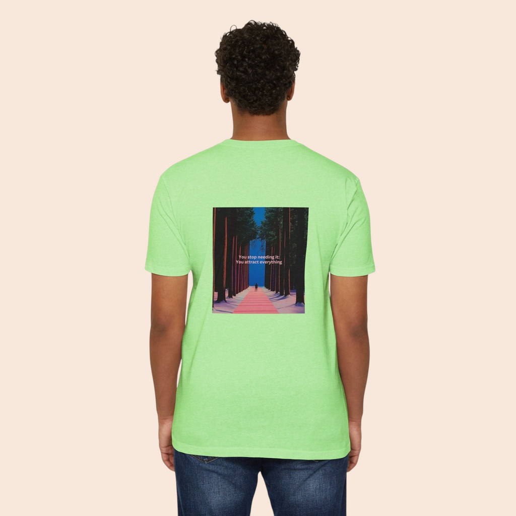 PURETE light green cotton blend t-shirt featuring a back graphic of a forest pathway with motivational text