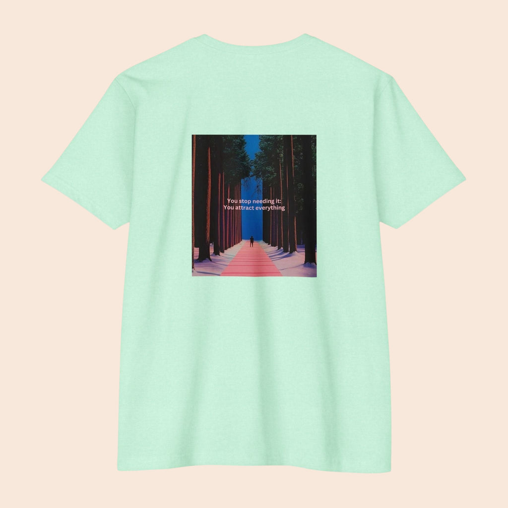 PURETE light green cotton blend t-shirt featuring a back graphic of a forest pathway with motivational text