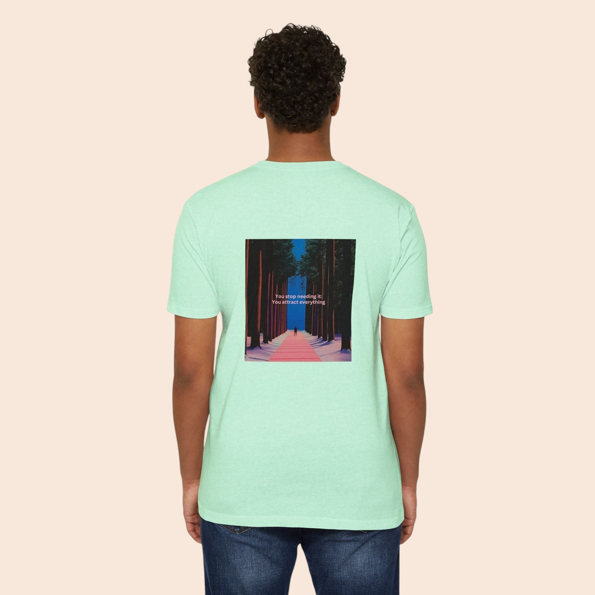 PURETE light green t-shirt worn by a man, featuring a back graphic of a forest pathway and motivational text.