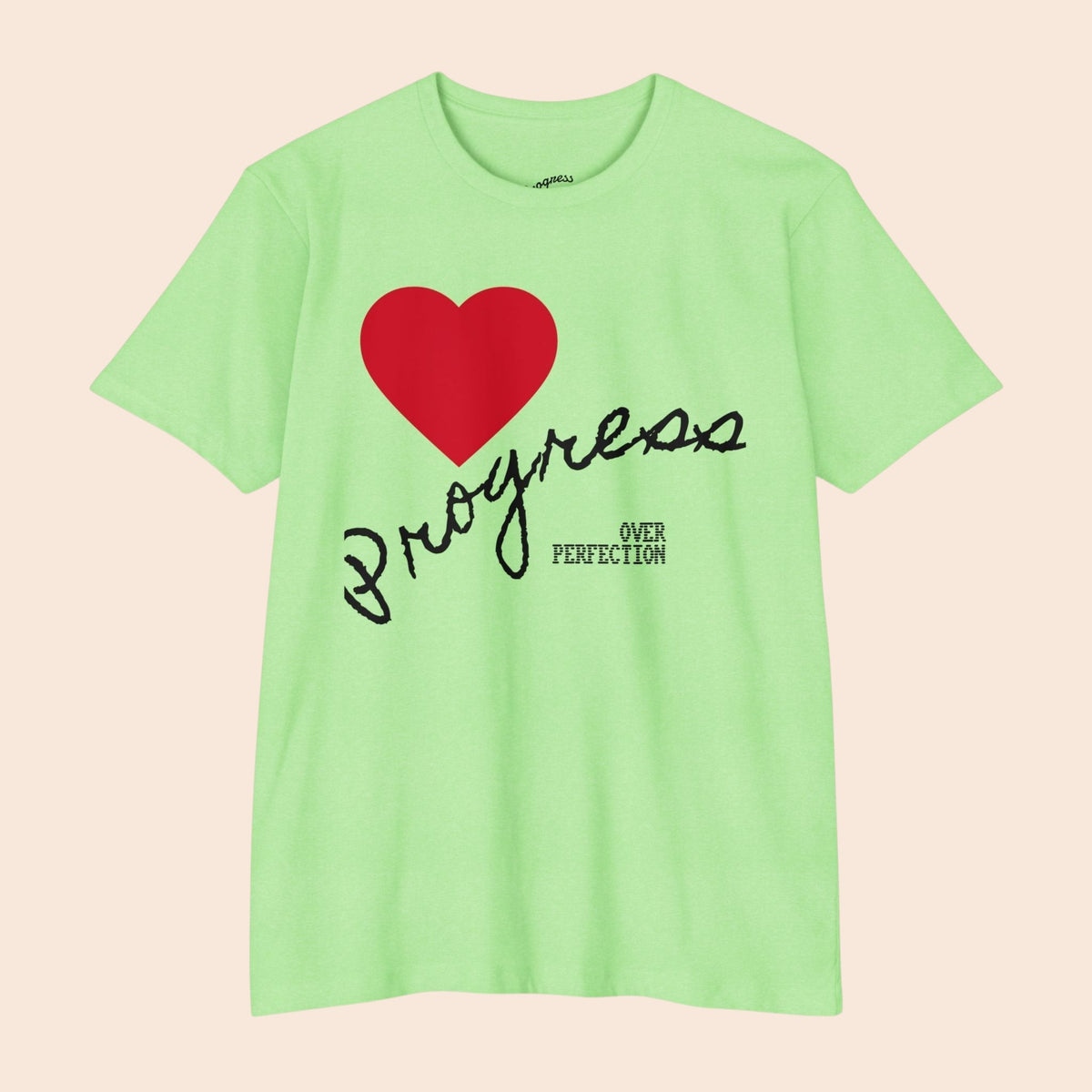 PURETE light green cotton blend t-shirt featuring a red heart and hand-lettered Progress Over Perfection graphic