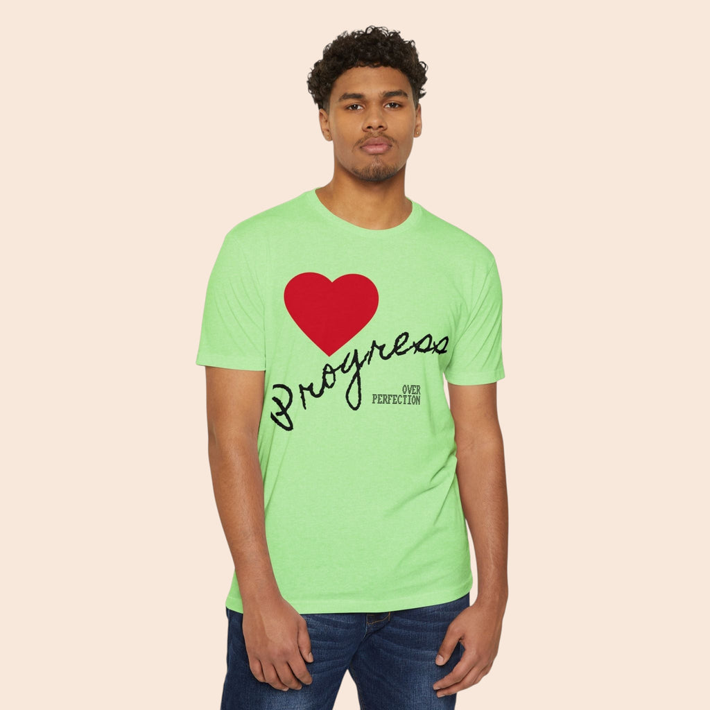 PURETE light green cotton blend t-shirt featuring a red heart and Progress Over Perfection text on a male model