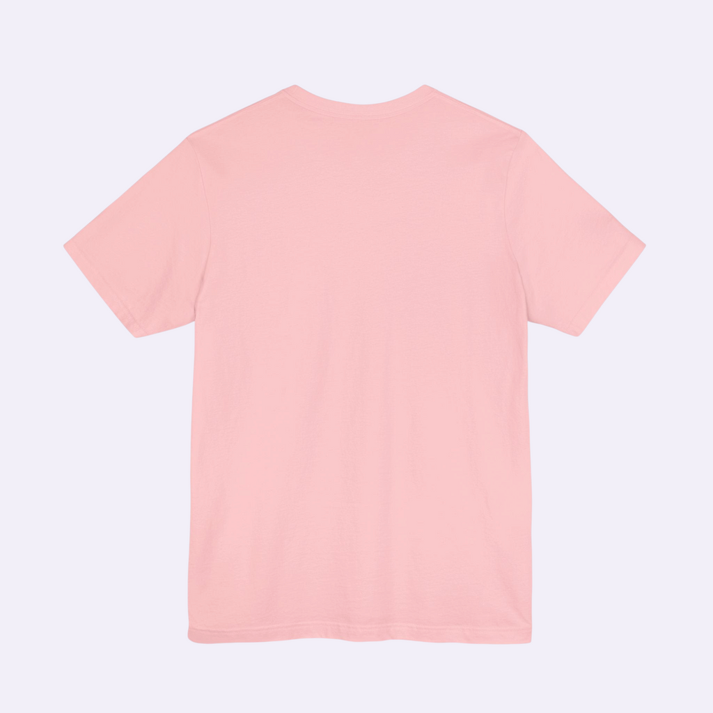 Back view of a PURETE unisex short sleeve jersey t-shirt in soft pink cotton with a classic crew neck fit.