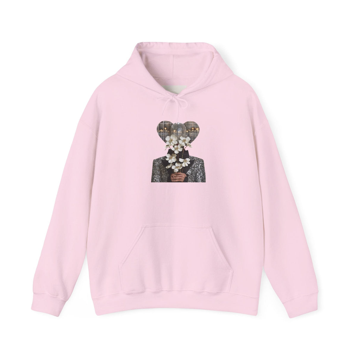 PURETE light pink hoodie featuring a surreal graphic of a person holding white flowers with a heart-shaped head.