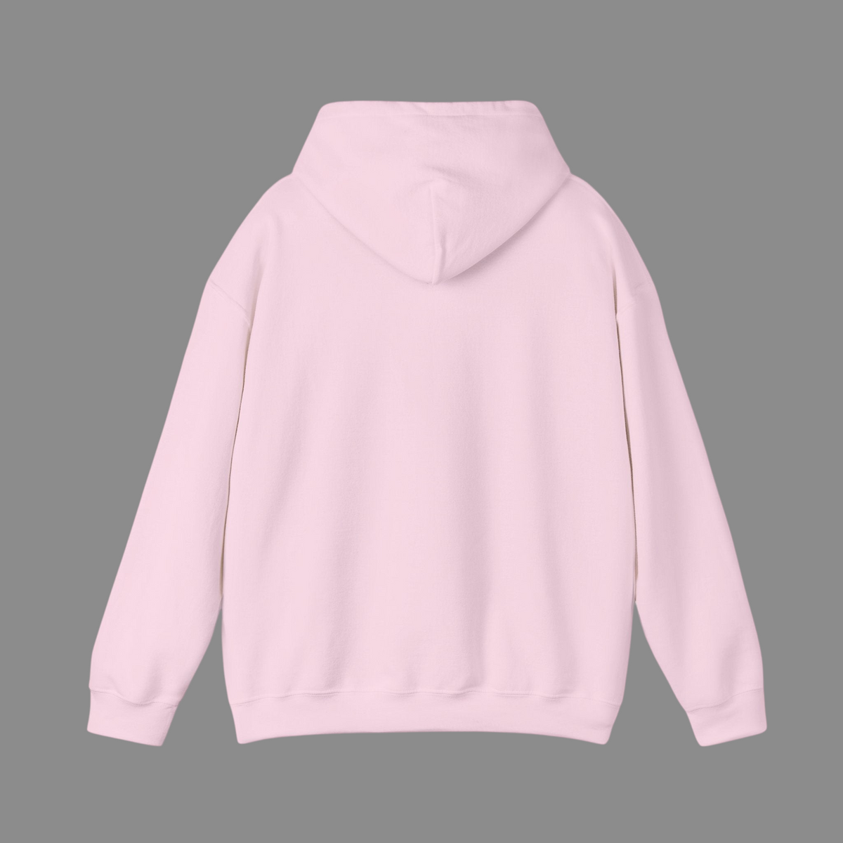 Back view of a PURETE unisex light pink hooded sweatshirt made from a soft cotton-poly blend with a double-lined hood.