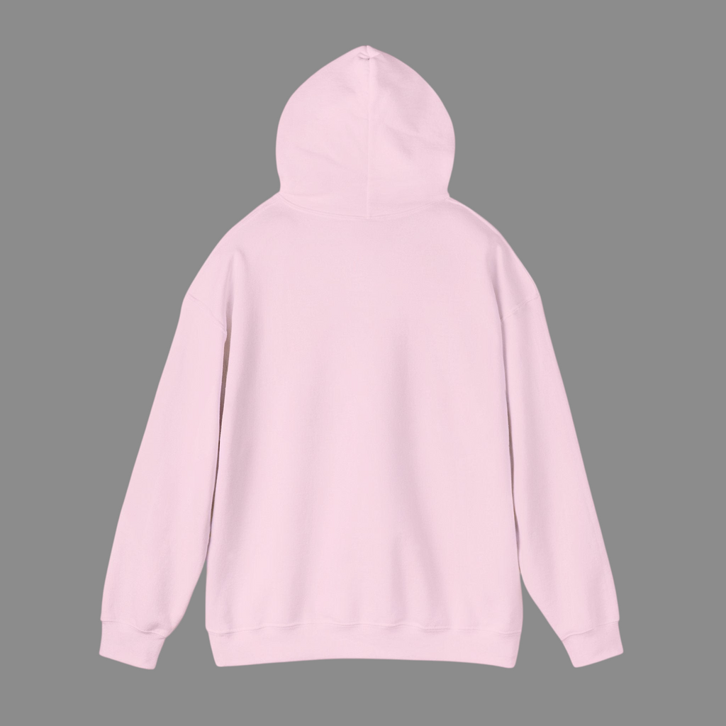 Back view of a PURETE unisex light pink cotton-poly blend hooded sweatshirt with a double-lined hood.