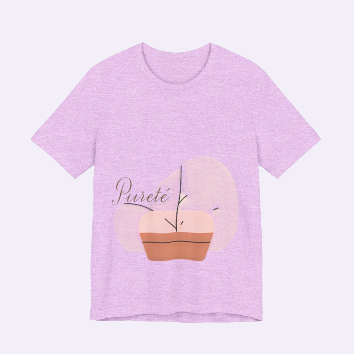 PURETE unisex jersey short sleeve t-shirt in light heather purple with a minimalist plant graphic on the front.