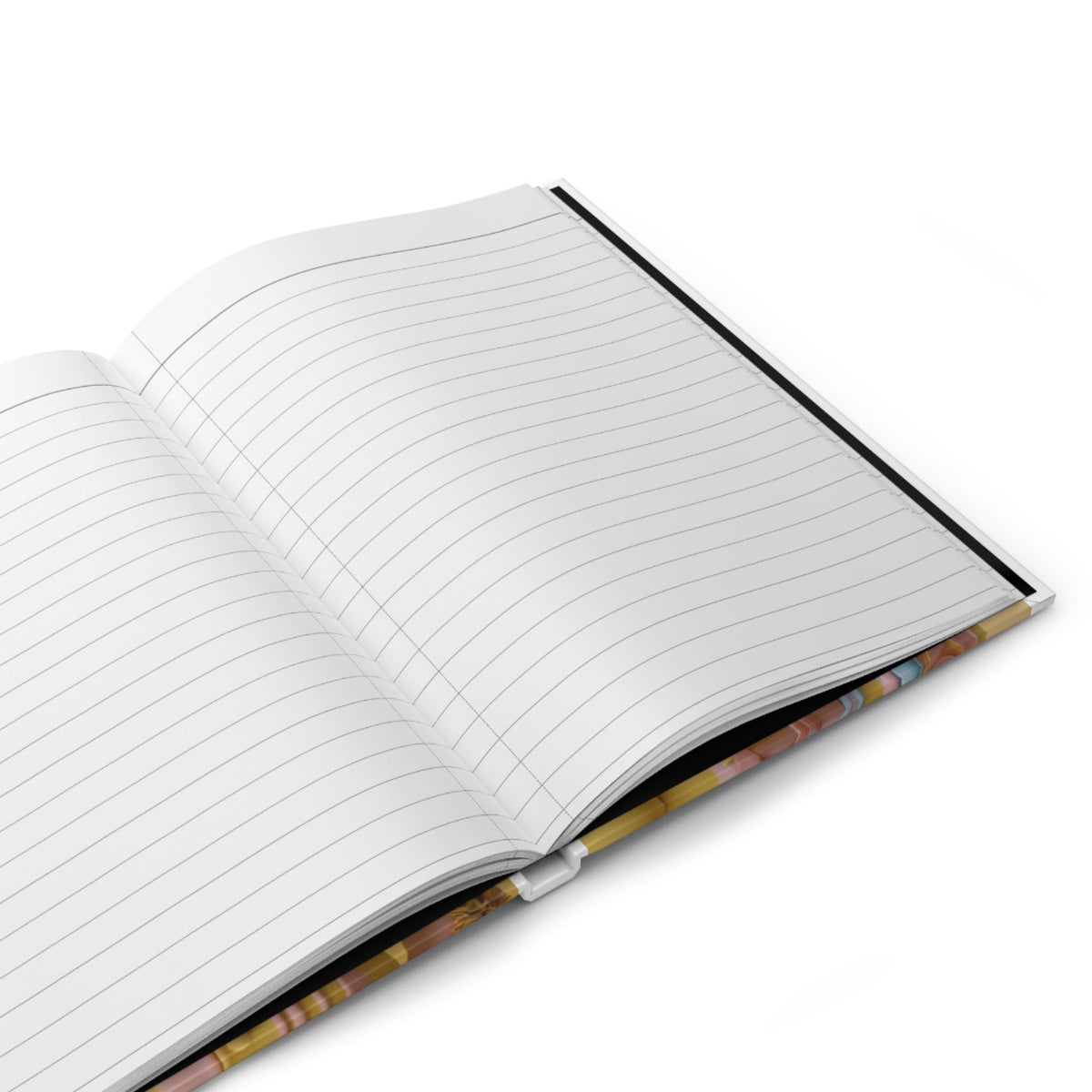 PURETE open hardcover journal with 150 lined white pages and casewrap binding on a white background
