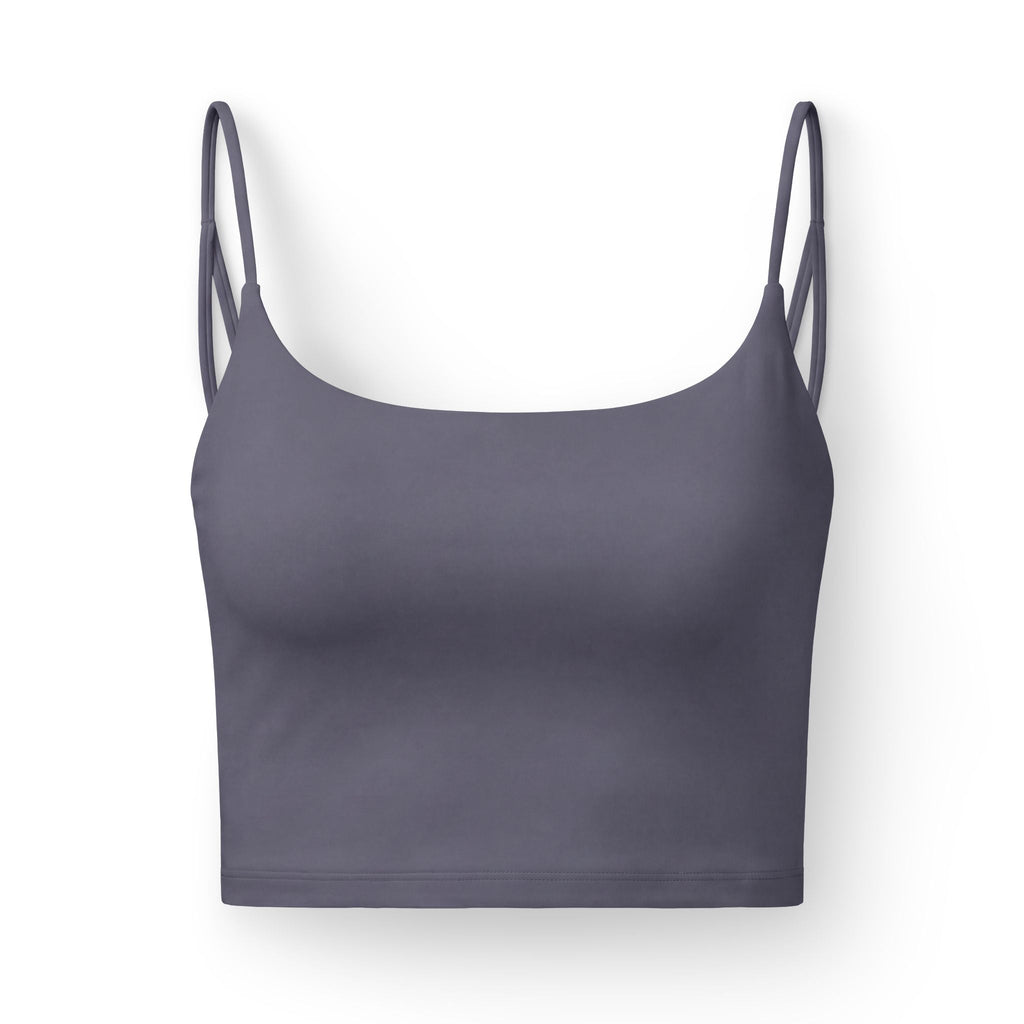 PURETE Luxe Crop Bra in dark grey with slim double straps and a minimalist plant pot graphic at the hem.