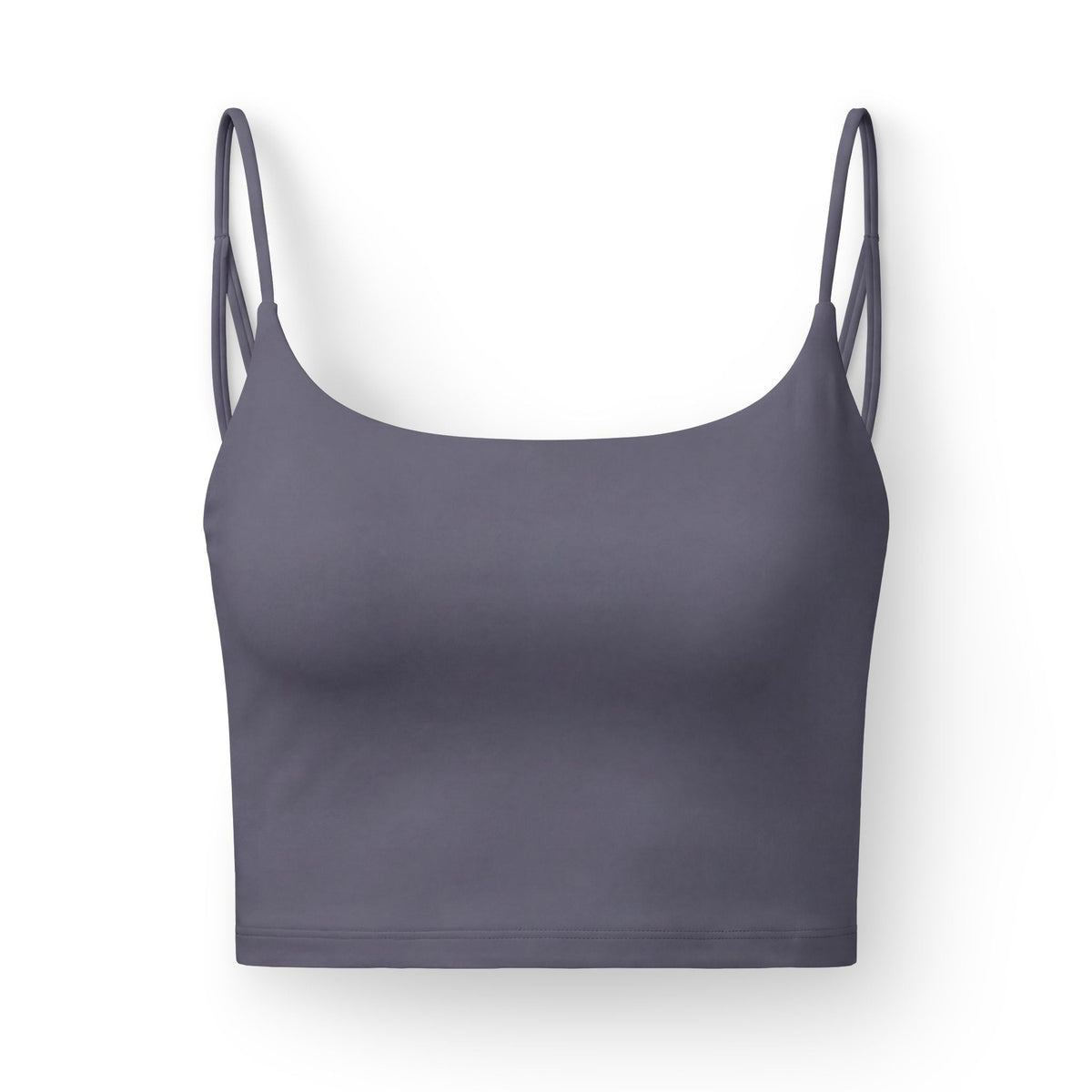 PURETE Luxe Crop Bra in dark grey with slim double straps and a minimalist plant pot graphic at the hem.