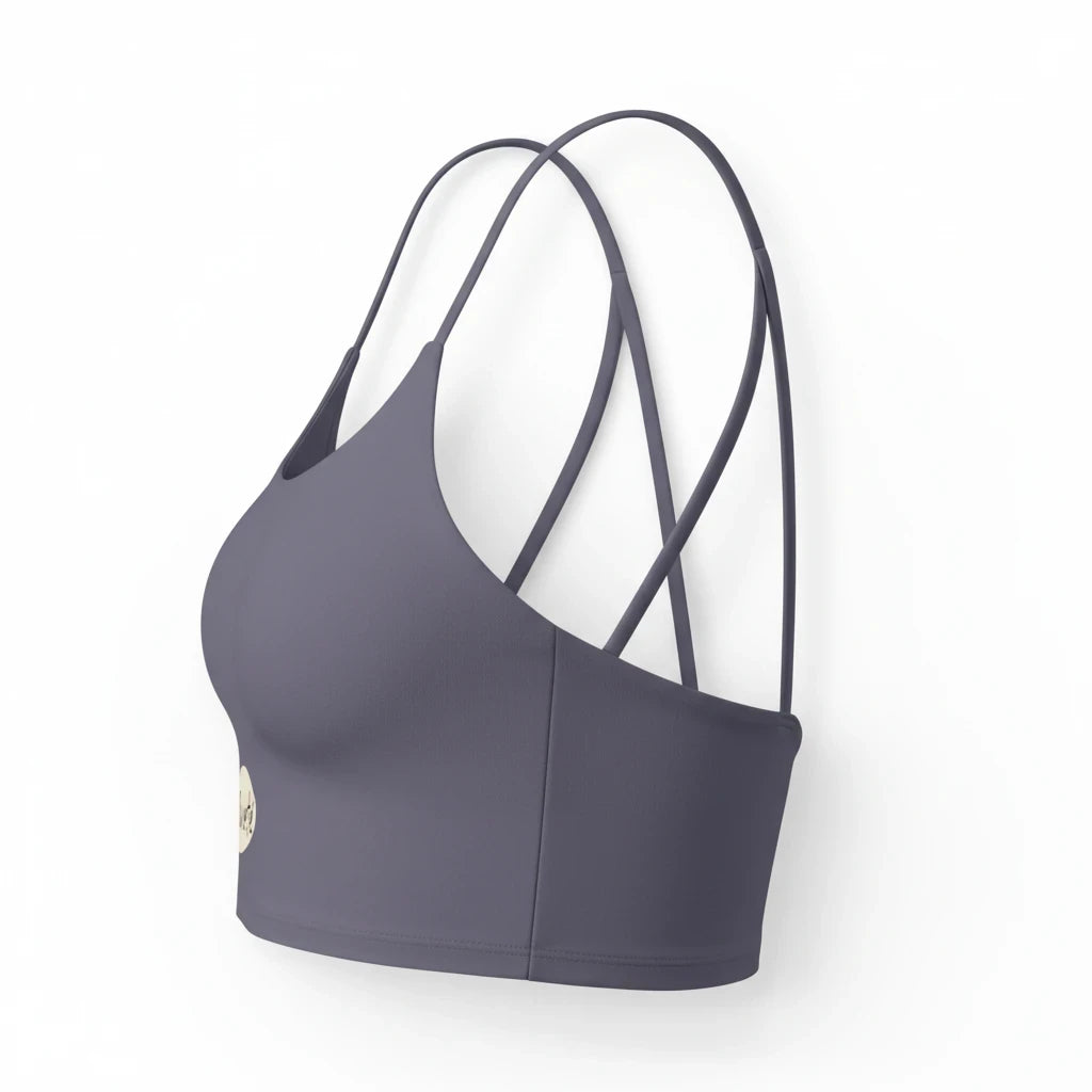PURETE Luxe Crop Bra in dark grey with slim double straps and a minimal plant pot graphic on the side