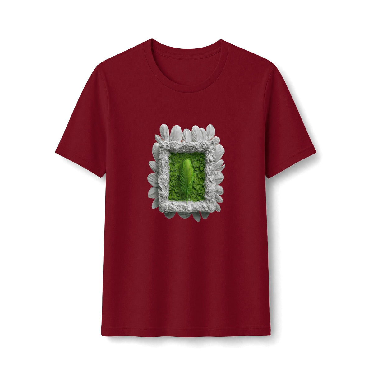 PURETE fitted maroon t-shirt featuring a central graphic of a green feather inside a white petal-like frame.