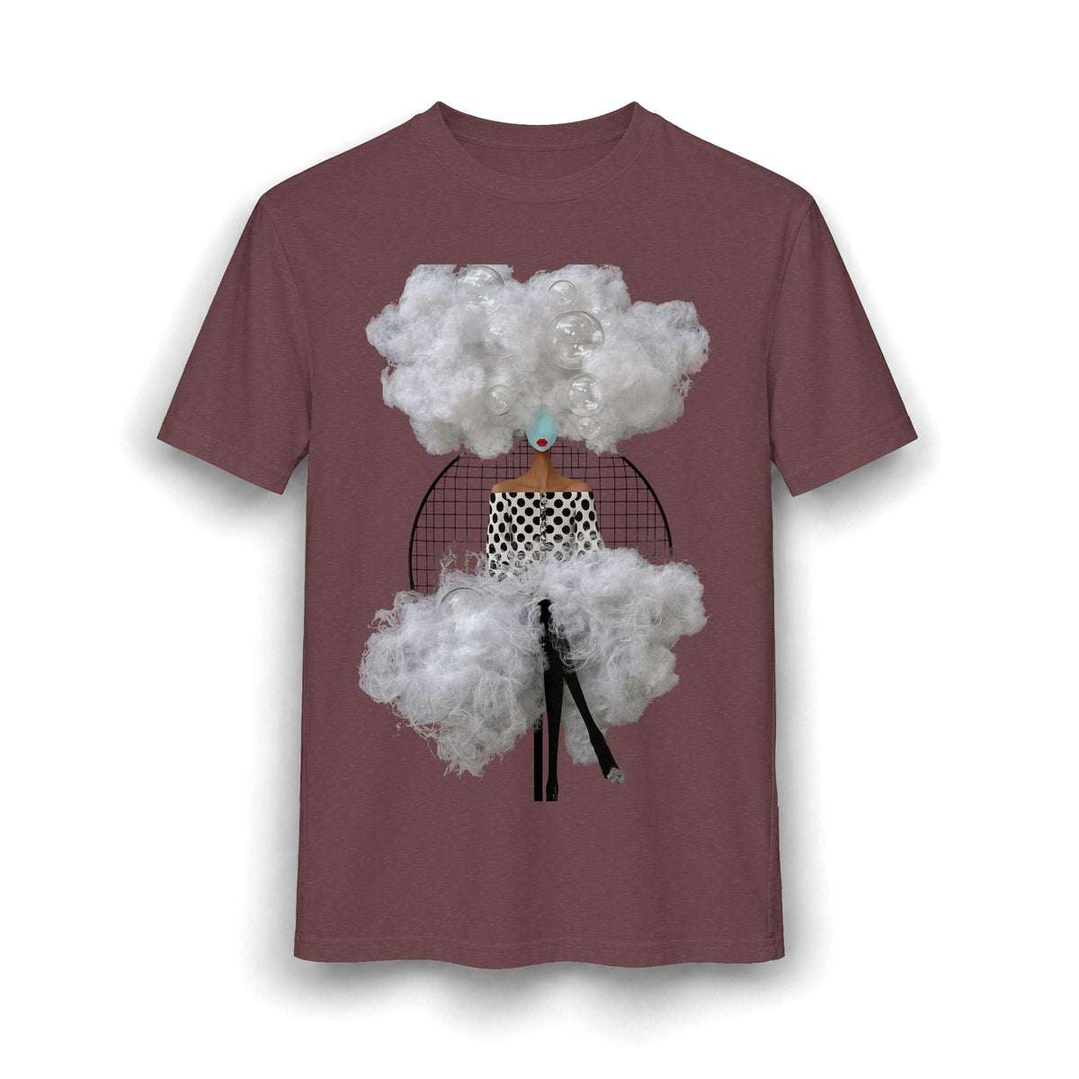 PURETE surreal cloud graphic t-shirt in maroon featuring an abstract woman collage with white clouds and bubbles.
