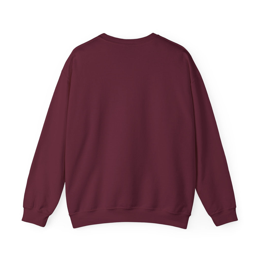 Back view of a plain maroon PURETE crewneck sweatshirt made from a medium-heavy cotton-poly blend.