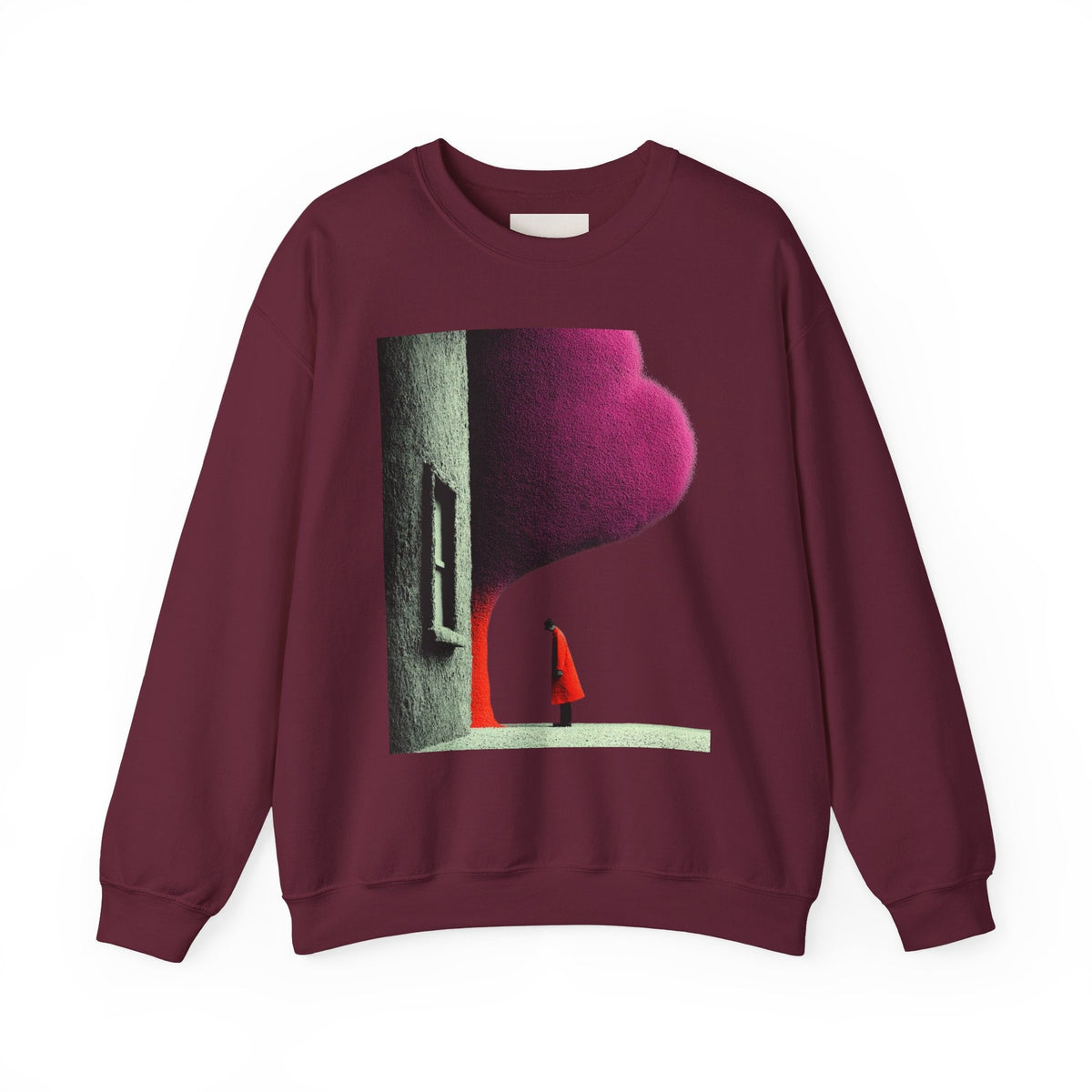 PURETE maroon crewneck sweatshirt featuring a surreal graphic print of a figure in a red coat by a textured wall.