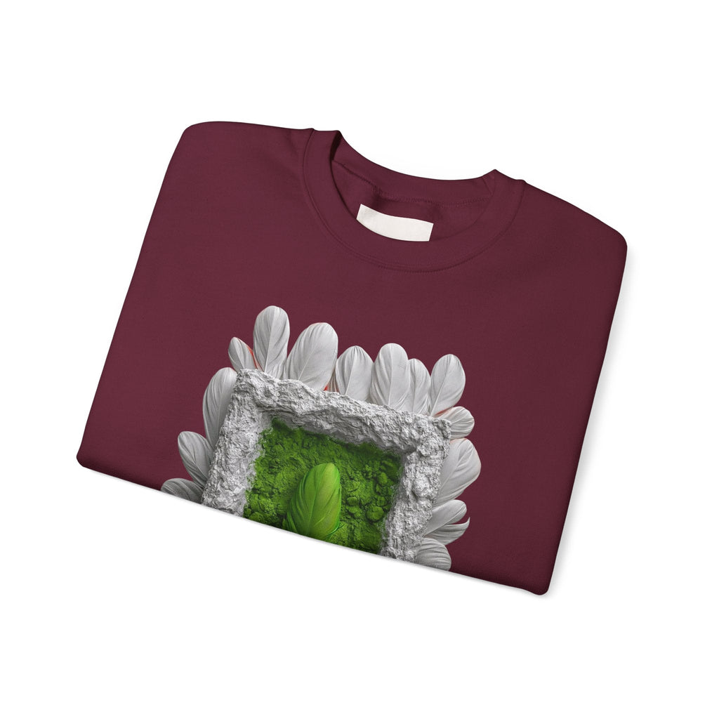 PURETE maroon crewneck sweatshirt featuring a framed art design of a glowing green portal surrounded by white feathers.