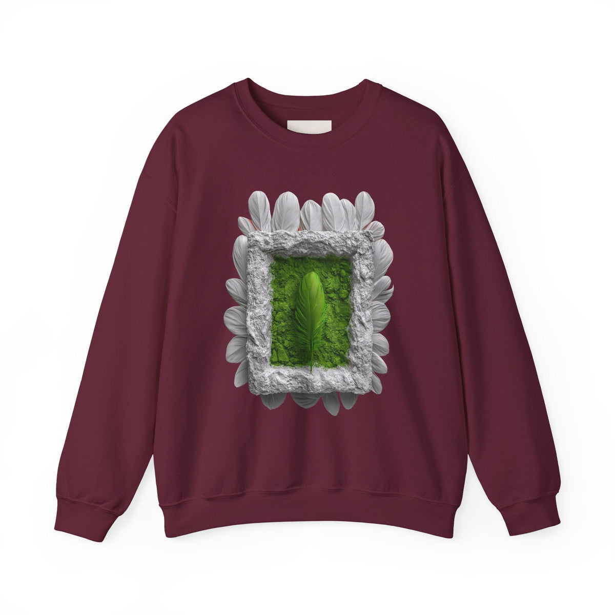 PURETE crewneck sweatshirt in maroon featuring a green portal graphic framed by white feathers and textured stone.