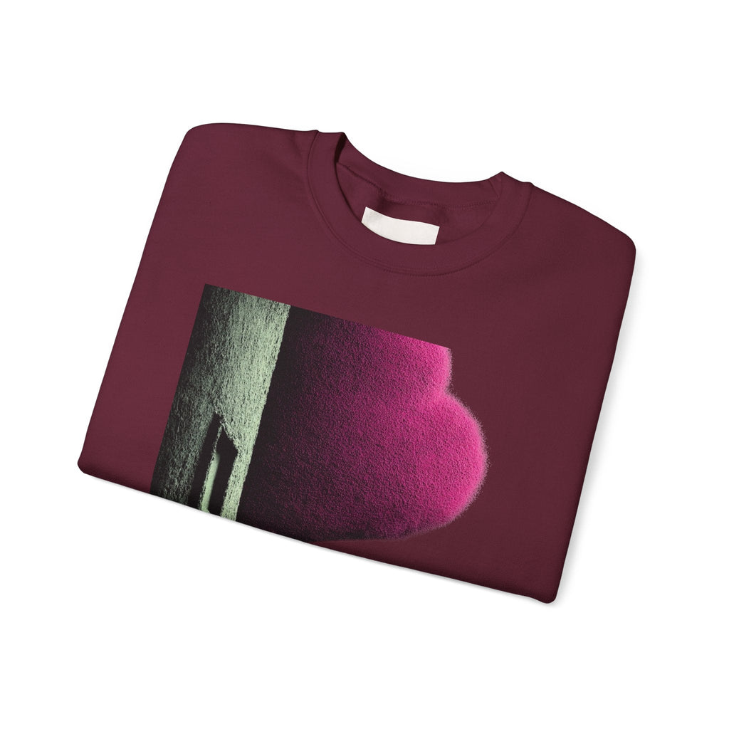 PURETE maroon crewneck sweatshirt with a graphic print of a pink abstract shape on a textured grey background