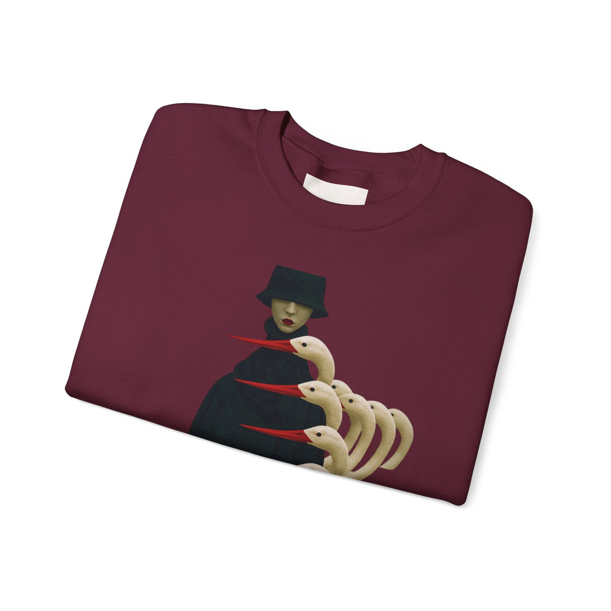 PURETE maroon crewneck sweatshirt featuring a surreal graphic of a cloaked figure with multiple bird-like heads.