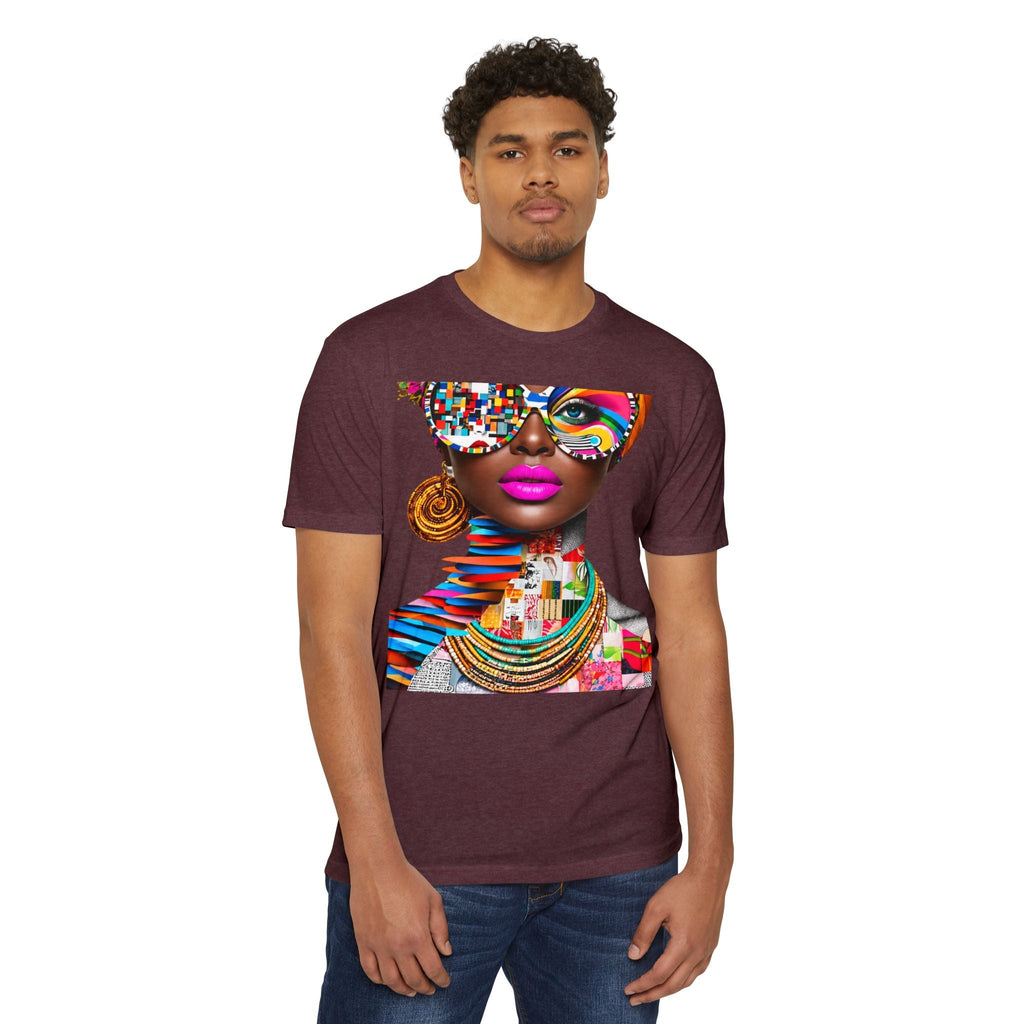 PURETE unisex maroon CVC jersey t-shirt featuring a vibrant abstract graphic print of a woman on a model